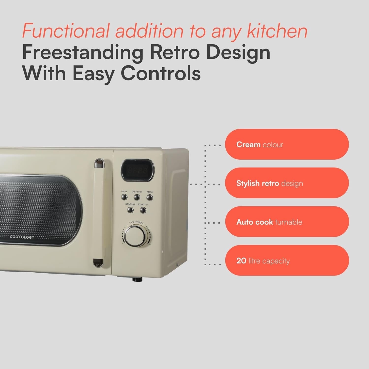 20L Retro Microwave 800W 8 Auto Programs 5 Power Levels Cream