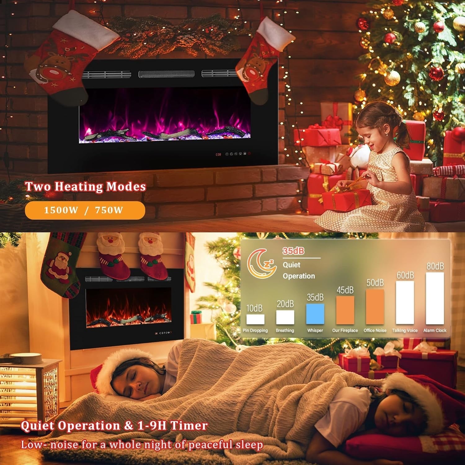 Wall Mounted Electric Fireplace Heater 42" LED Flame Remote Timer