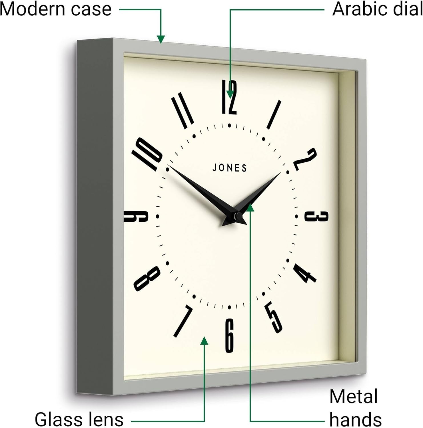 25cm Grey Square Wall Clock Retro Silent Quartz Easy Read Numbers Kitchen Office