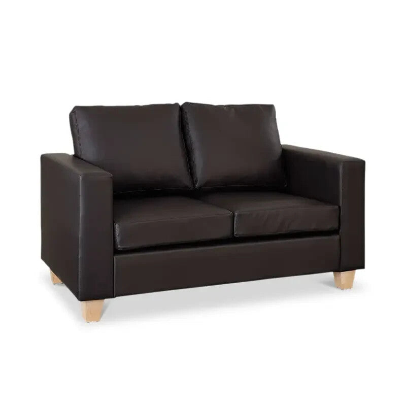 Brown Faux Leather 2 Seater Sofa Compact Couch Padded Cushions Wood Legs