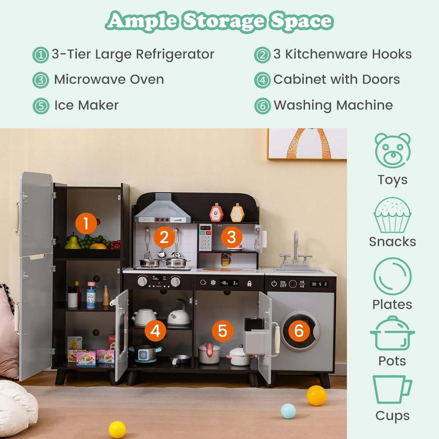 Large Wooden Kids Play Kitchen Set Light Sound Fridge Washer Brown