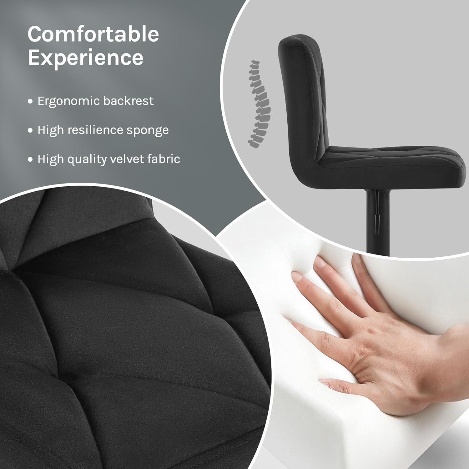 Set of 2 Black Velvet Bar Stools Square Seat Swivel & Adjustable 60-80cm