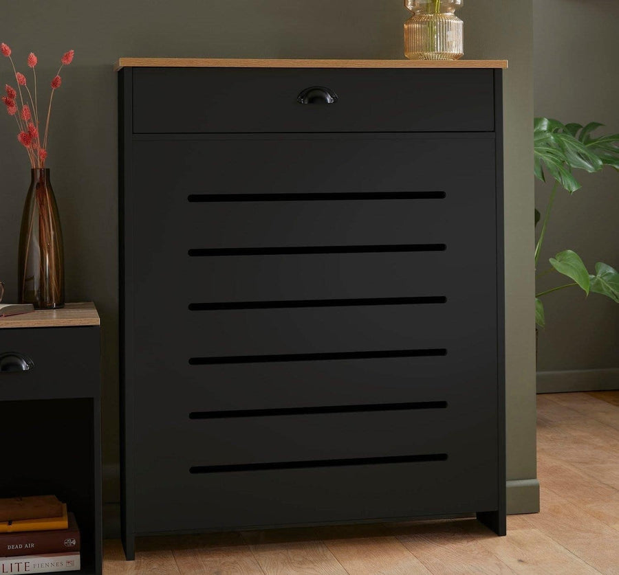 Black Radiator Cover 78x19x96cm Modern MDF Heating Cabinet | 1 Drawer Slatted