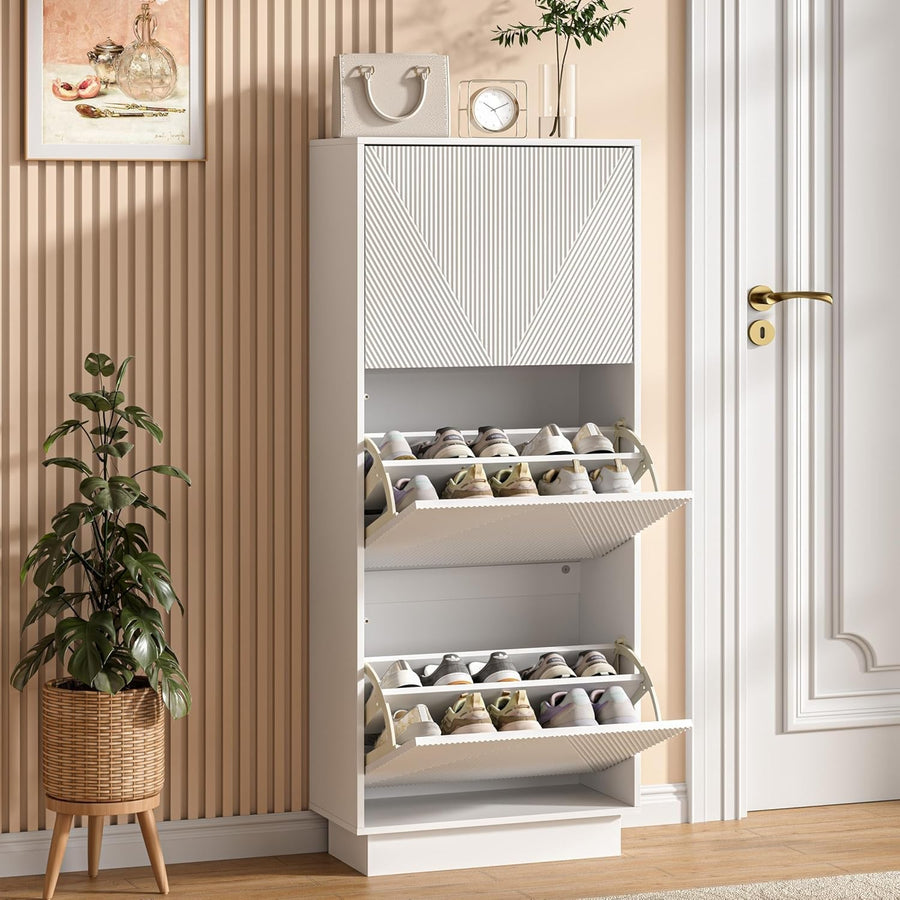 White Slim Shoe Cabinet Storage | 3 Flip Drawers, Anti-Tip, 131cm Tall