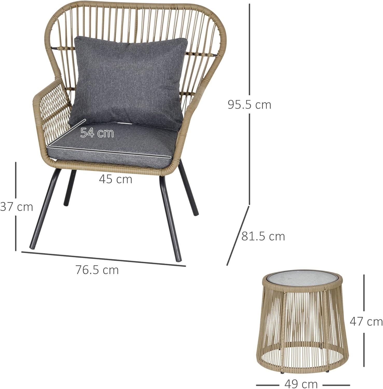 Designer Rattan Bistro Set 3PC Woven Armchairs Glass Table Patio Brown