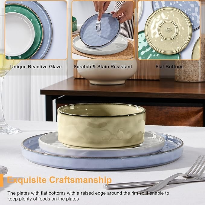 12 Piece Multicolor Stoneware Dinner Set for 4 Reactive Glaze Plates Bowls