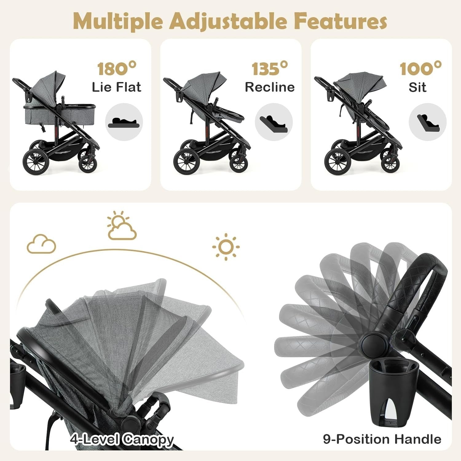 3in1 Baby Stroller Travel System Foldable Pushchair Reversible Seat Grey