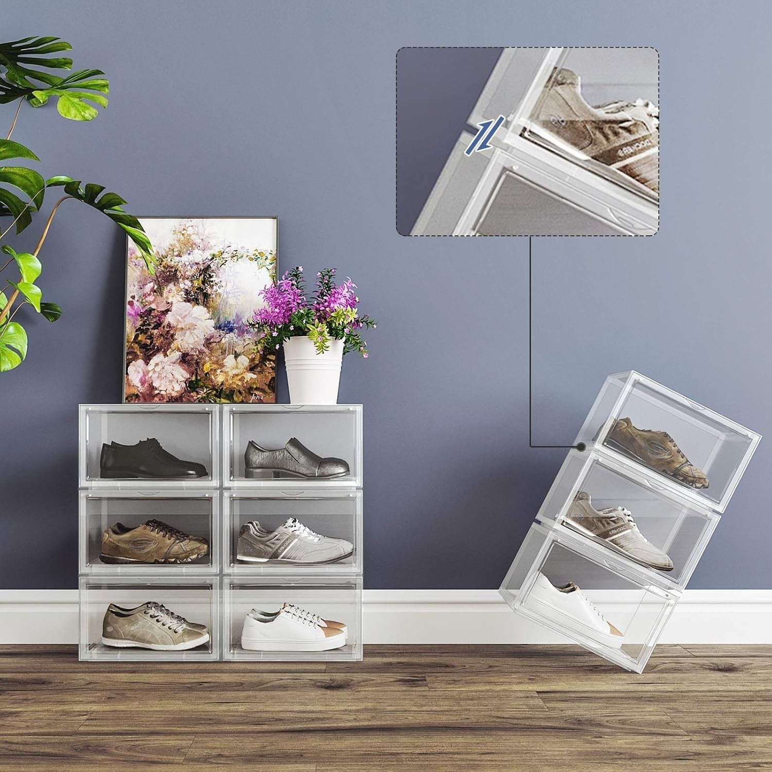 Set of 6 Stackable Transparent Shoe Boxes with Front Doors, Large Storage