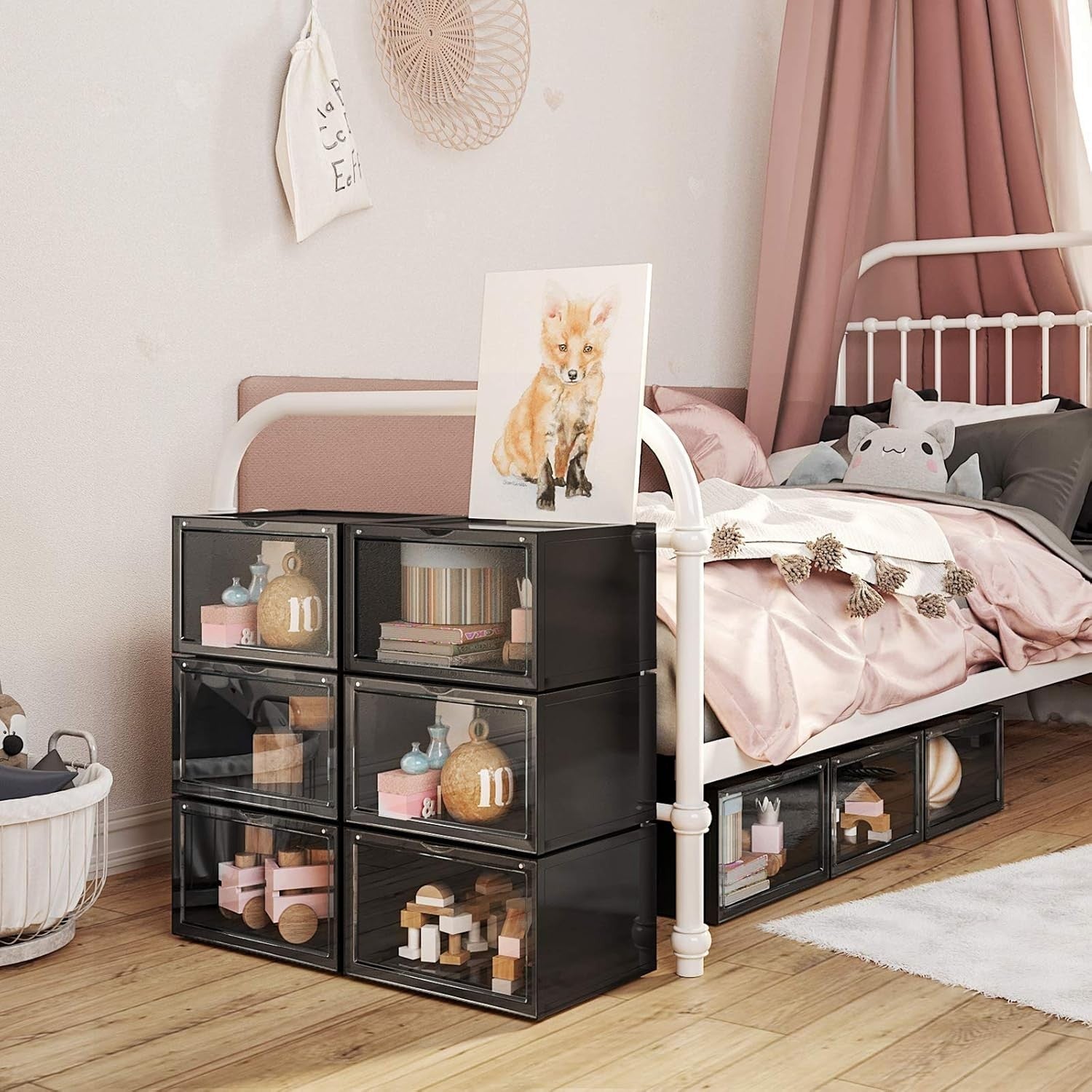 Set of 6 Stackable Shoe Boxes with Doors, Large Clear Plastic Storage.