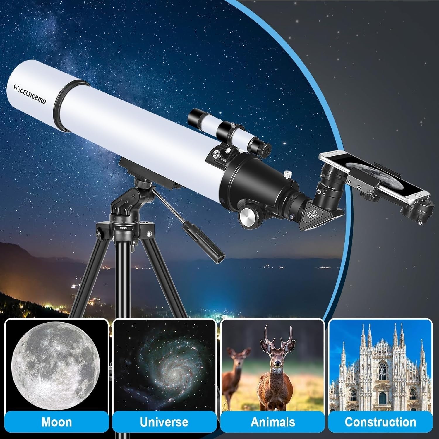 High Powered 80mm Refractor Telescope 900mm AZ Mount Travel Scope Phone Adapter
