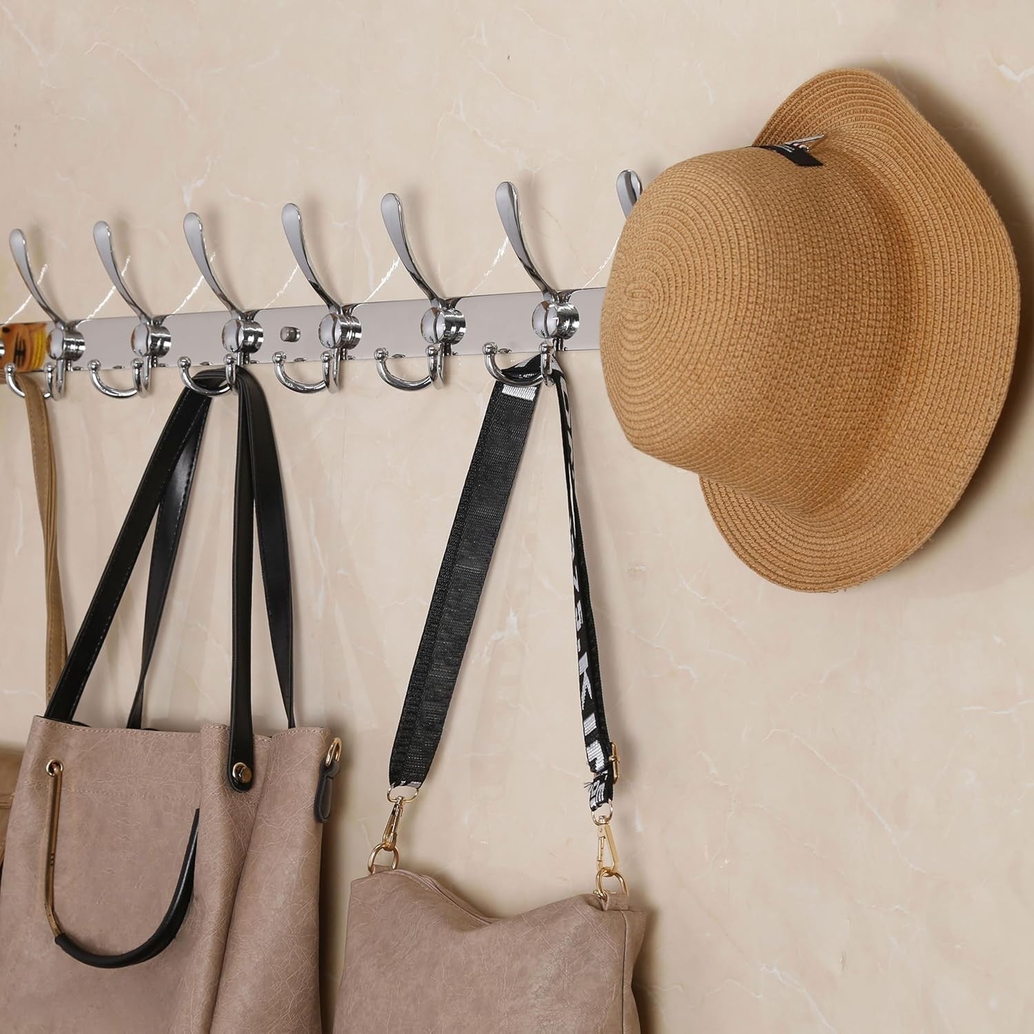 2 Pack 75cm Wall Mounted Coat Racks with 8 Hooks | Chrome Metal Hook Rail