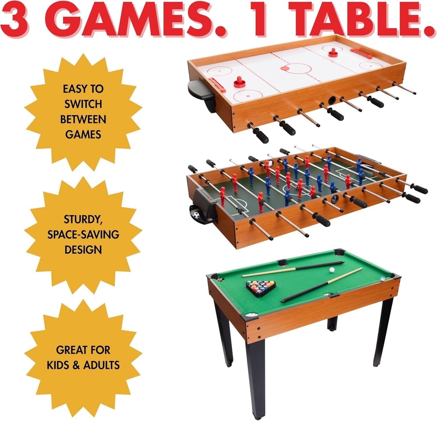 3 in 1 Sports Game Table Air Hockey Pool Football Kids Family Fun