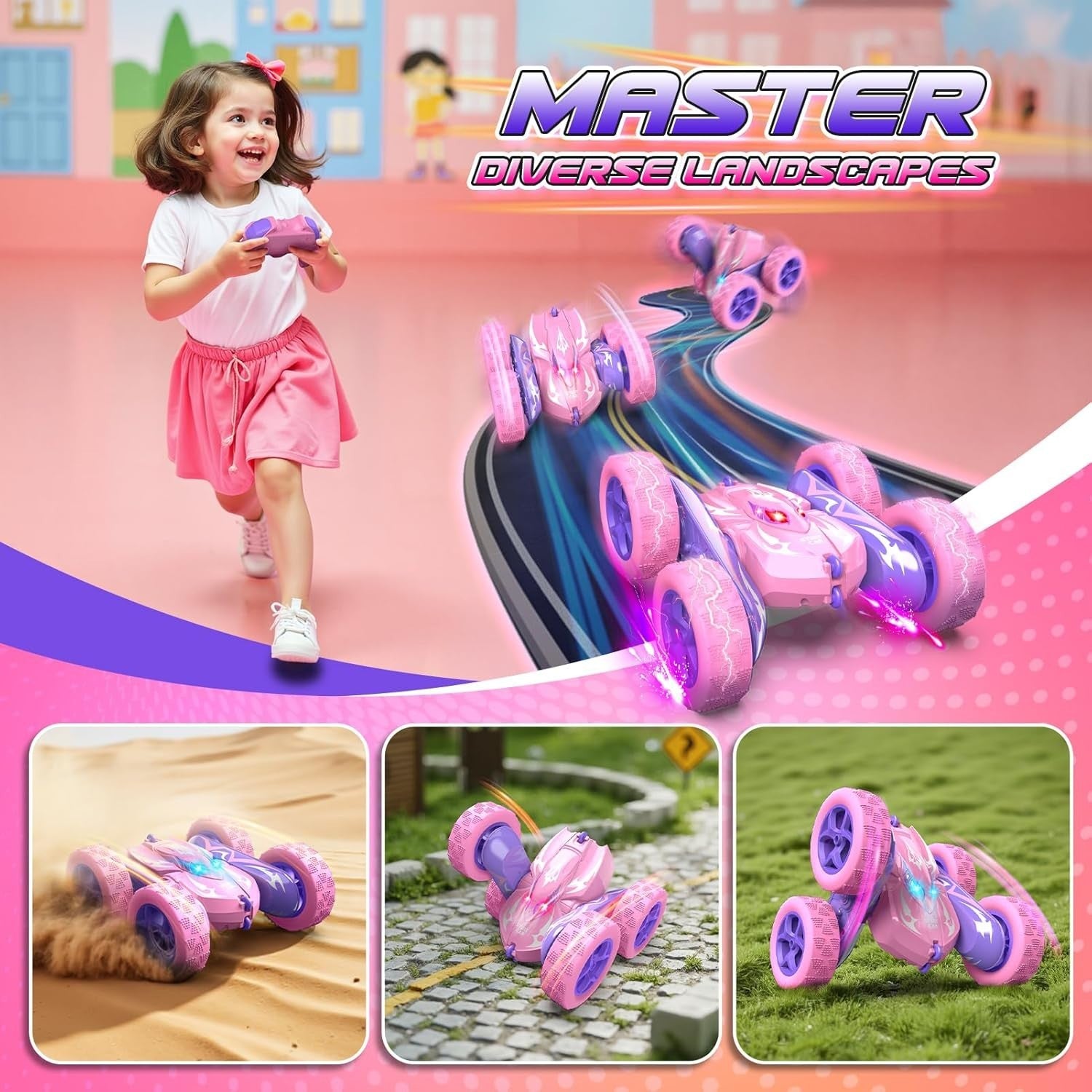 Pink RC Stunt Car 4WD 360° Flip LED Rechargeable Toy for Girls Age 3–9