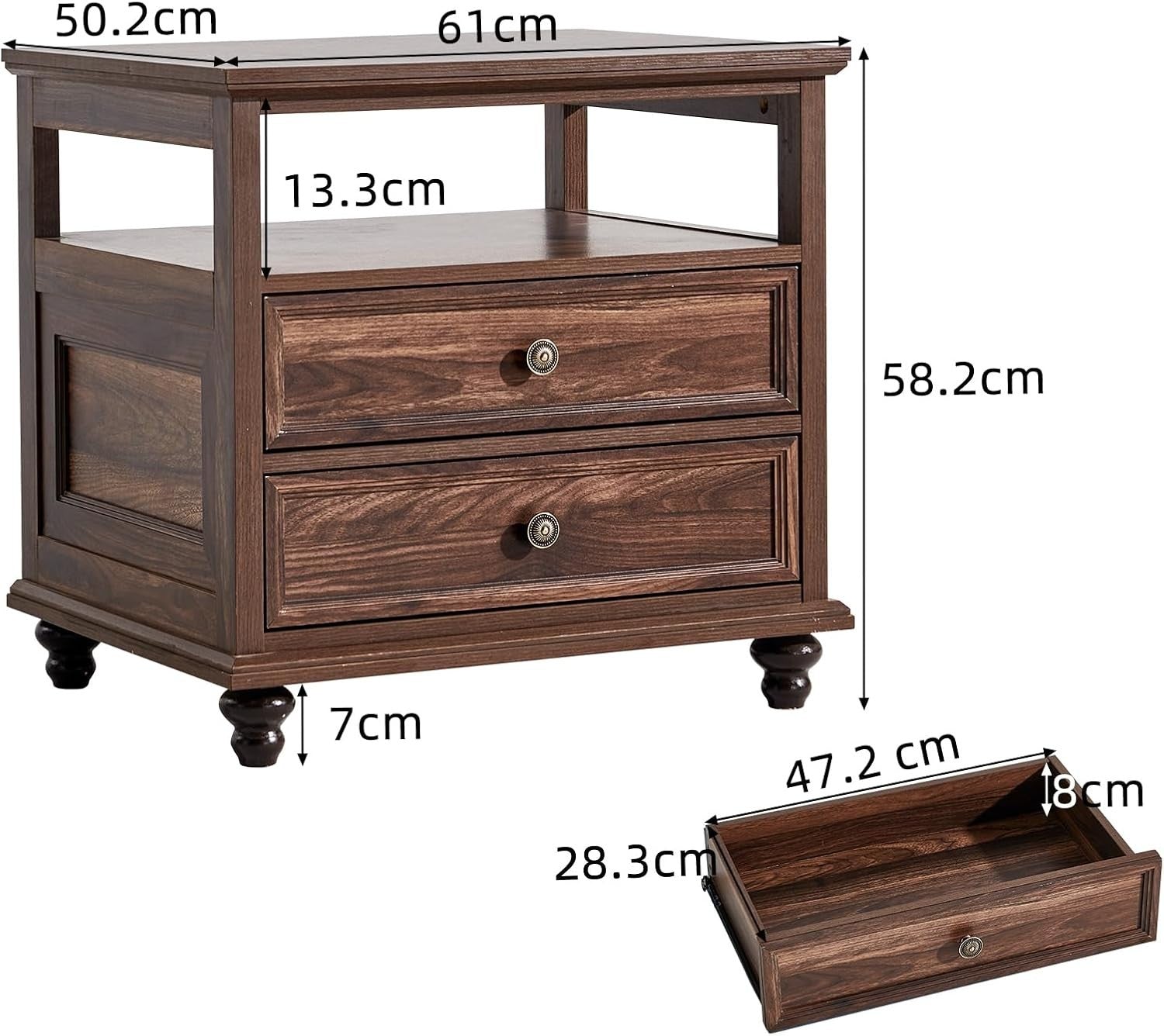 Brown Wooden Bedside Table with Drawers & Shelf