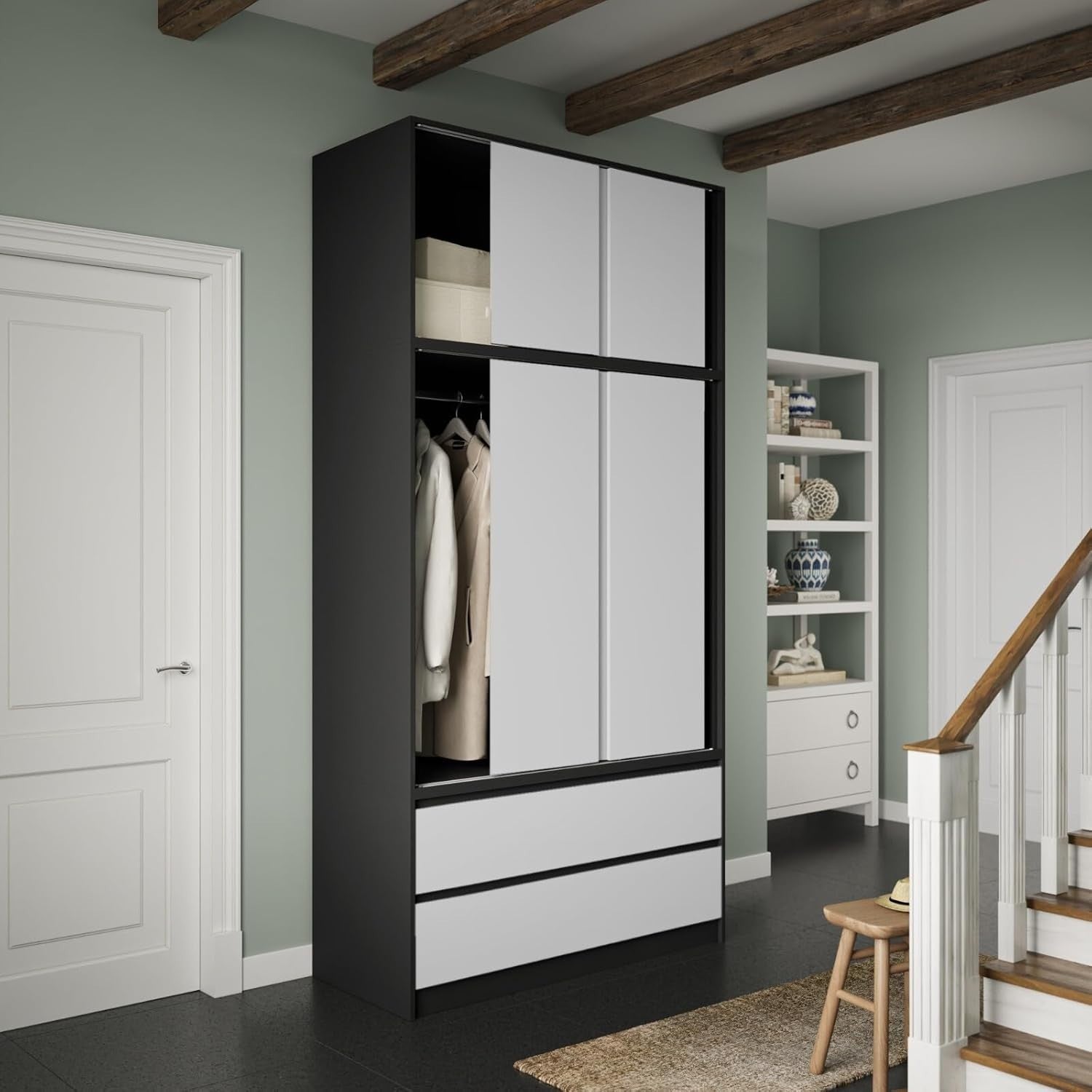 White Sliding Door Wardrobe 6 Doors 4 Drawers 240cm Modern Bedroom Closet