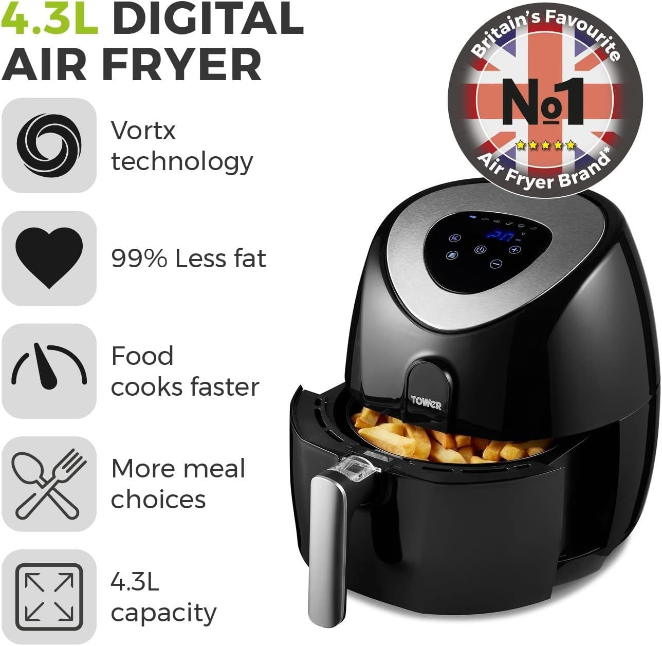 4.3L Digital Air Fryer Oven Vortx Tech Fast Healthy Cooking 60 Min Timer 200°C