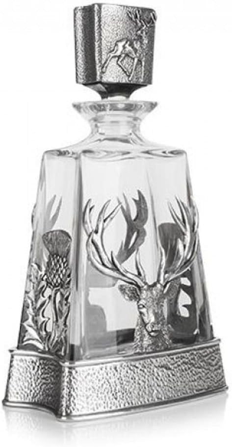 Scottish Thistle Stag Whisky Decanter 60cl Pewter Crystal Pyramid Design