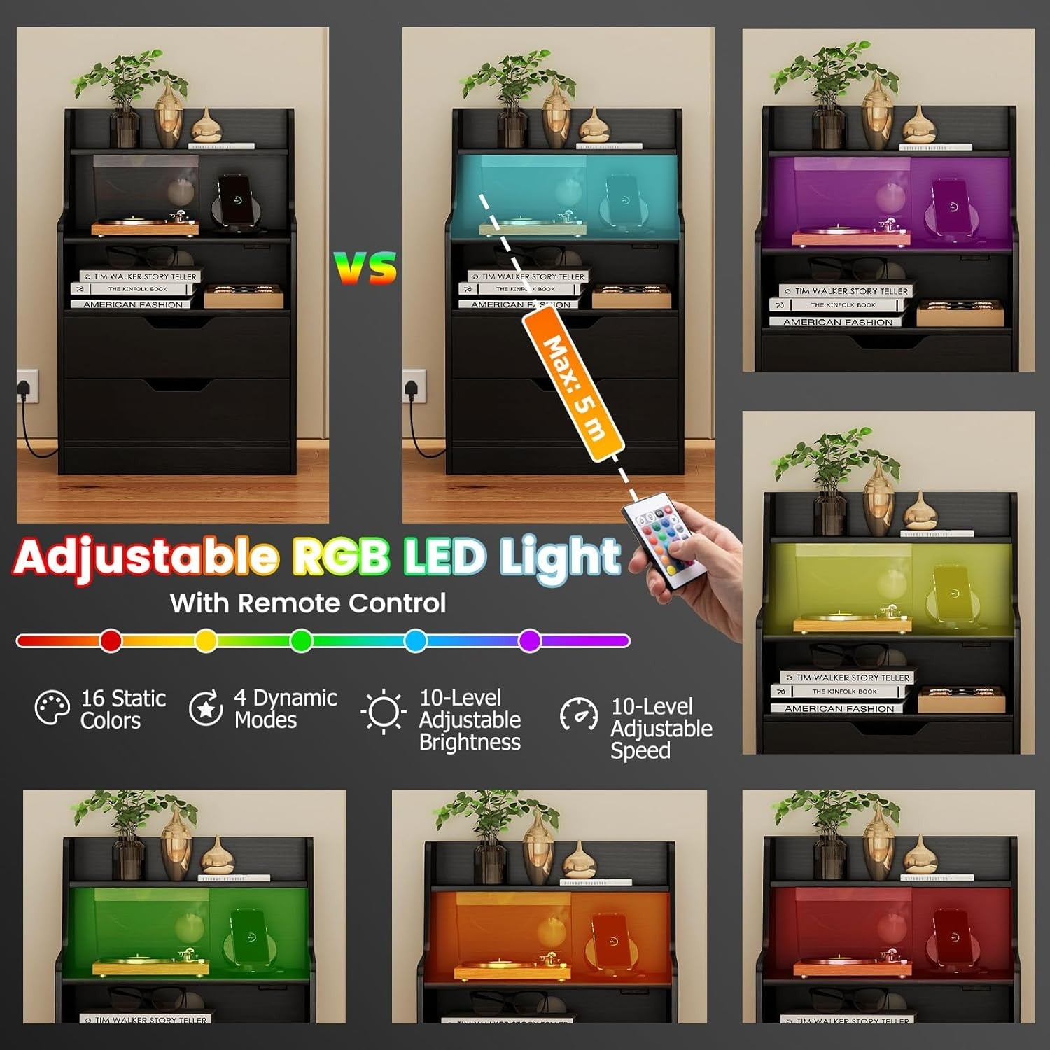 Black LED Bedside Tables with Charging Station, Drawers & RGB Display Shelves