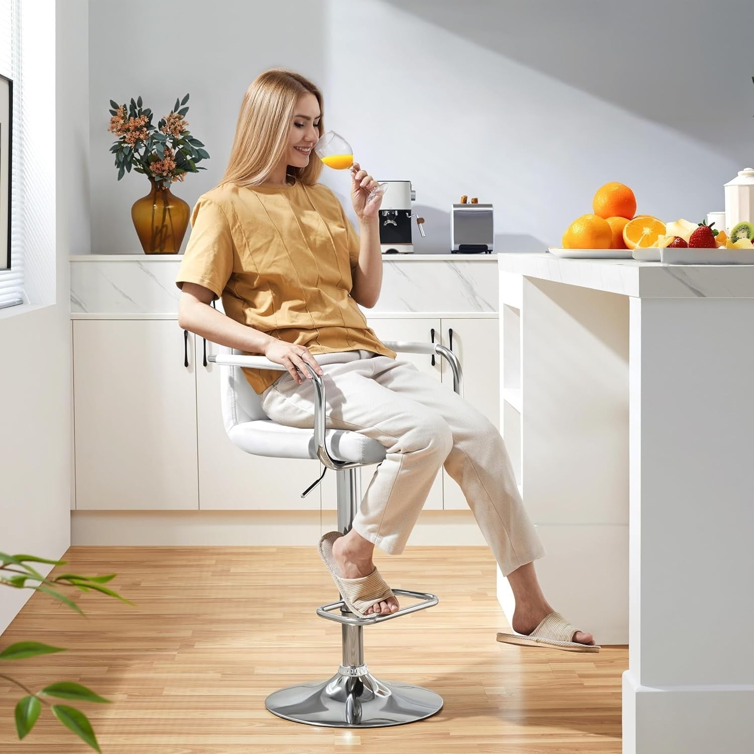 White Adjustable Swivel Bar Stools Set of 2 Faux Leather Armchairs