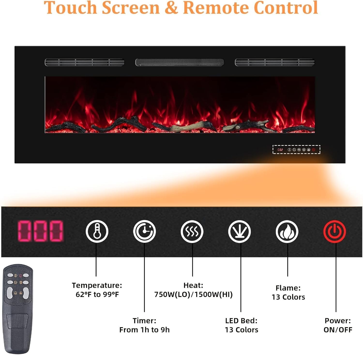 60” Wall Mounted Electric Fireplace Heater LED Flame, Remote & Timer