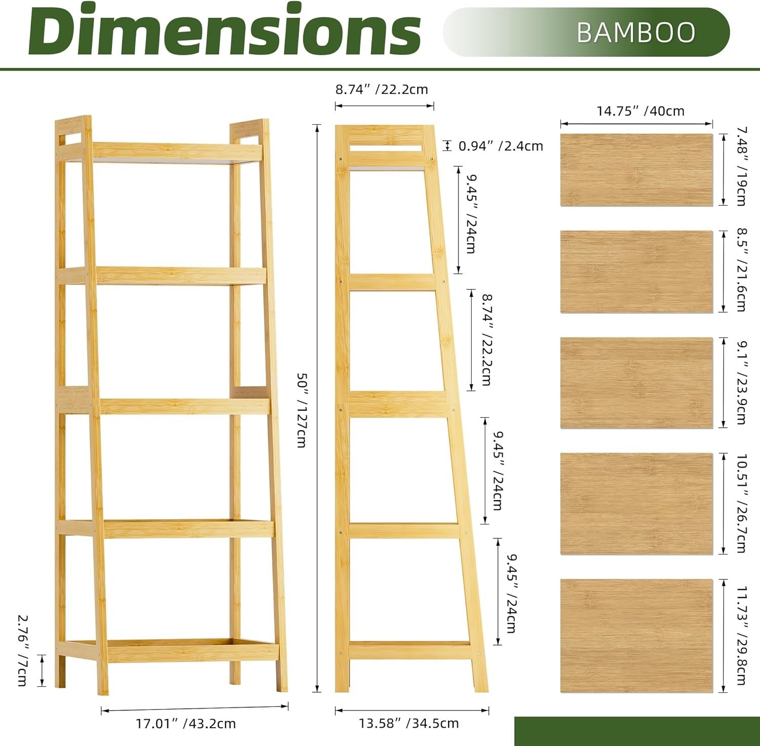 Natural Bamboo 5-Tier Ladder Bookcase, Tall Narrow Display Storage Shelf