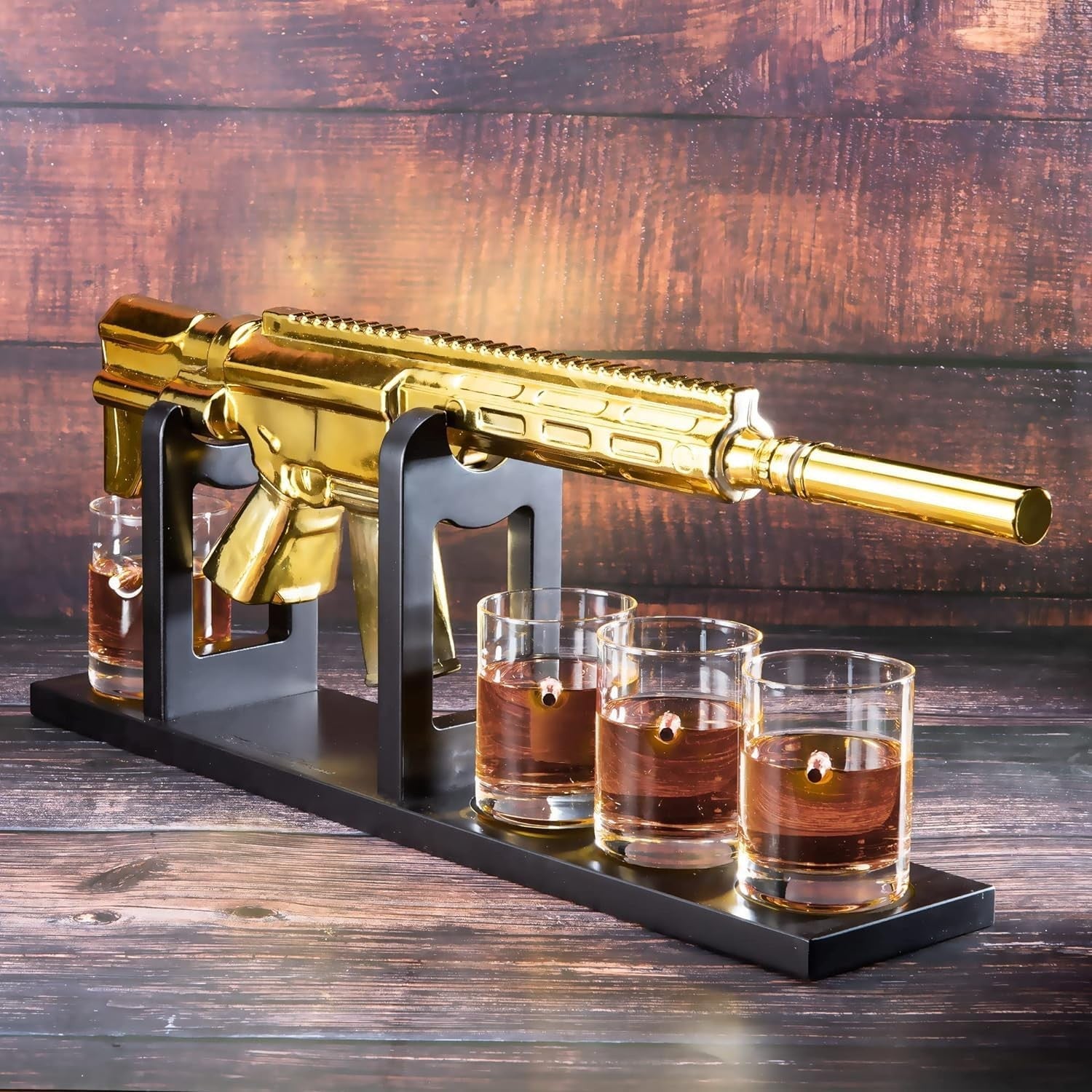 Gold AR15 Style Whiskey Decanter Set with Bullet Glasses Luxury Bar Gift