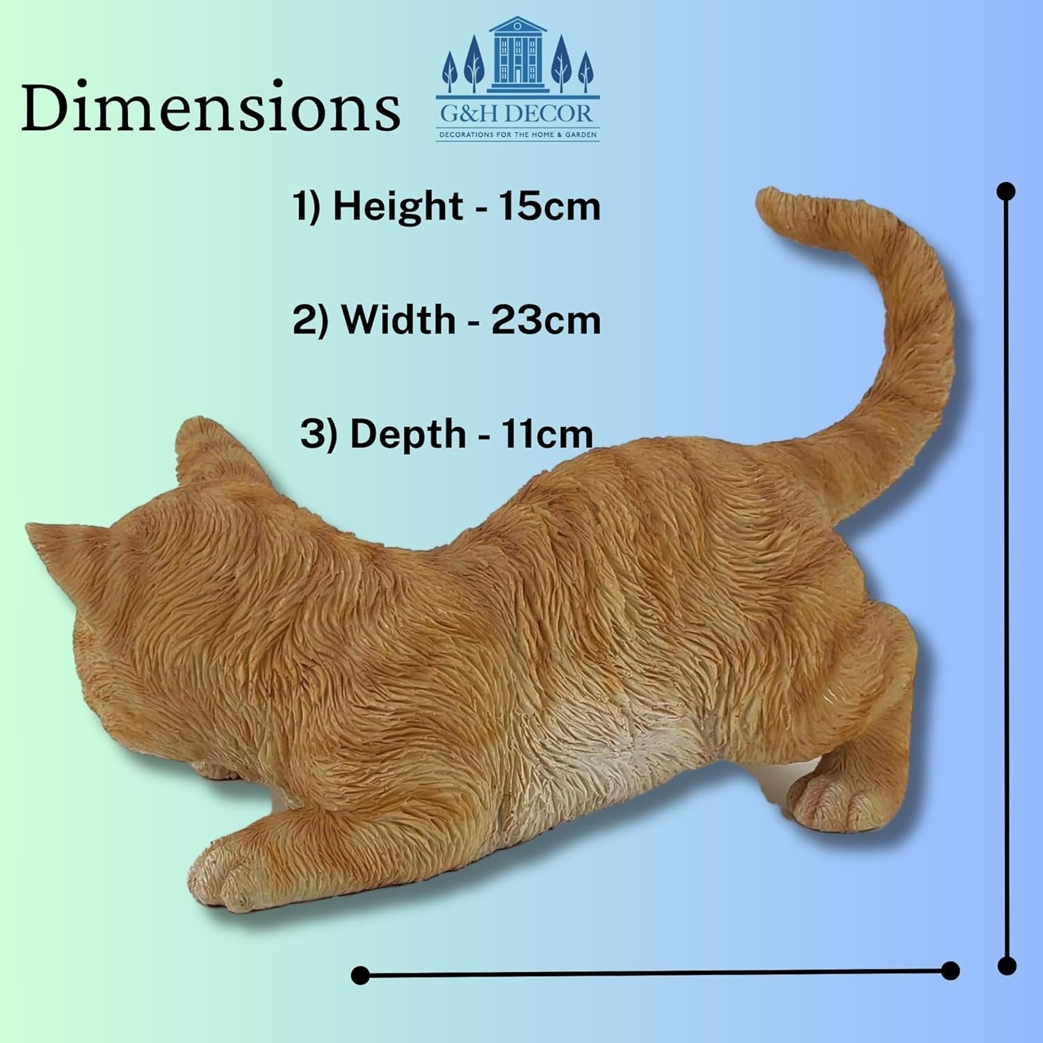 Realistic Ginger Cat Statue Sneaking 32cm Resin Weatherproof Garden Ornament