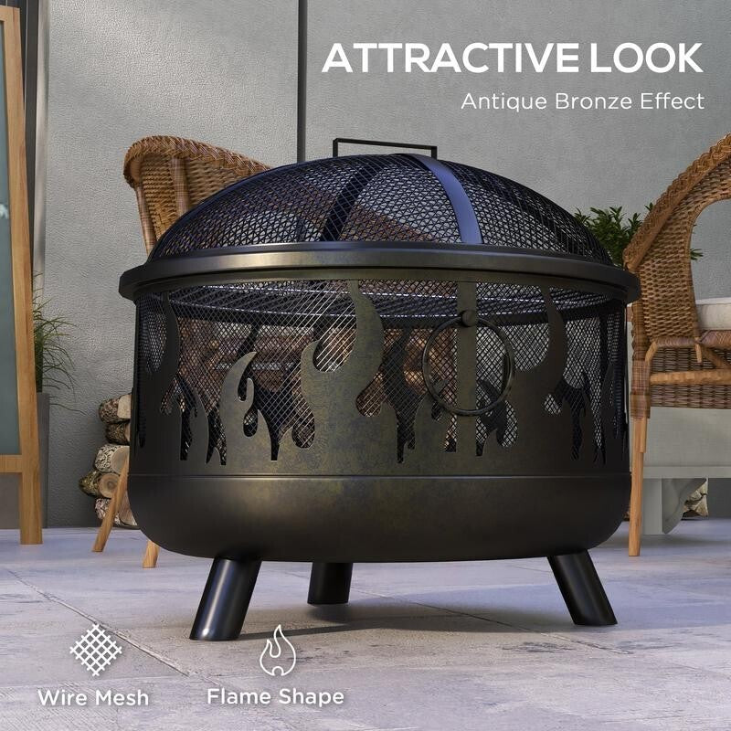 Large Steel Fire Pit BBQ with Mesh Lid & Poker – Safe Outdoor Heating