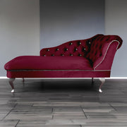 Velvet Chaise Lounge Sofa Right Hand Wine – Tufted Seat, UK Handmade