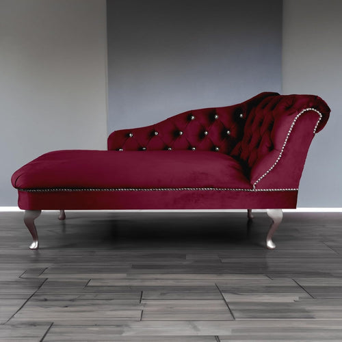 Velvet Chaise Lounge Sofa Right Hand Wine – Tufted Seat, UK Handmade