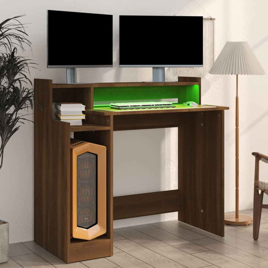 Modern Wooden Computer Desk with LED Lighting and Monitor Shelf Oak Workstation