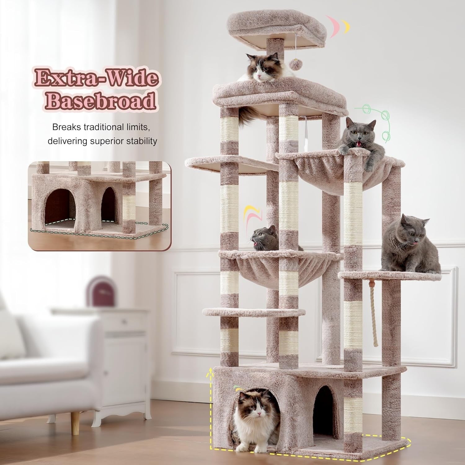 71 Inch Tall Cat Tree Mushroom Beige Large Cats Condo Tower with Hammocks