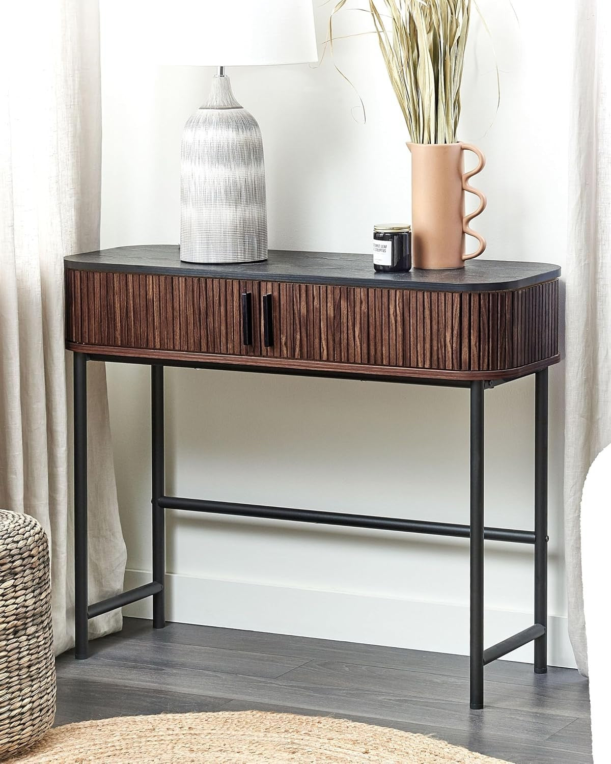Modern Dark Wood Console Table with Sliding Doors & Storage, 100x35cm