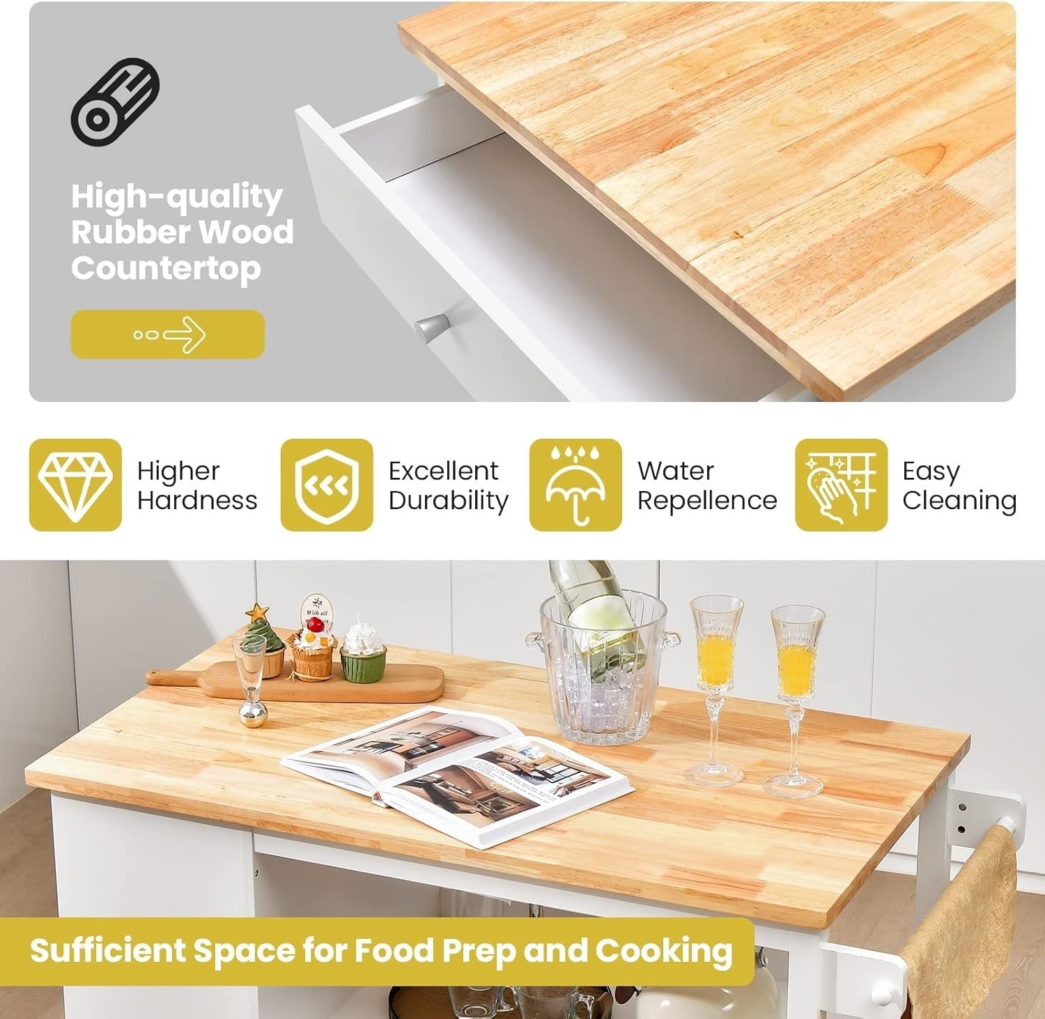 White Large Kitchen Island Cart Rubber Wood Top