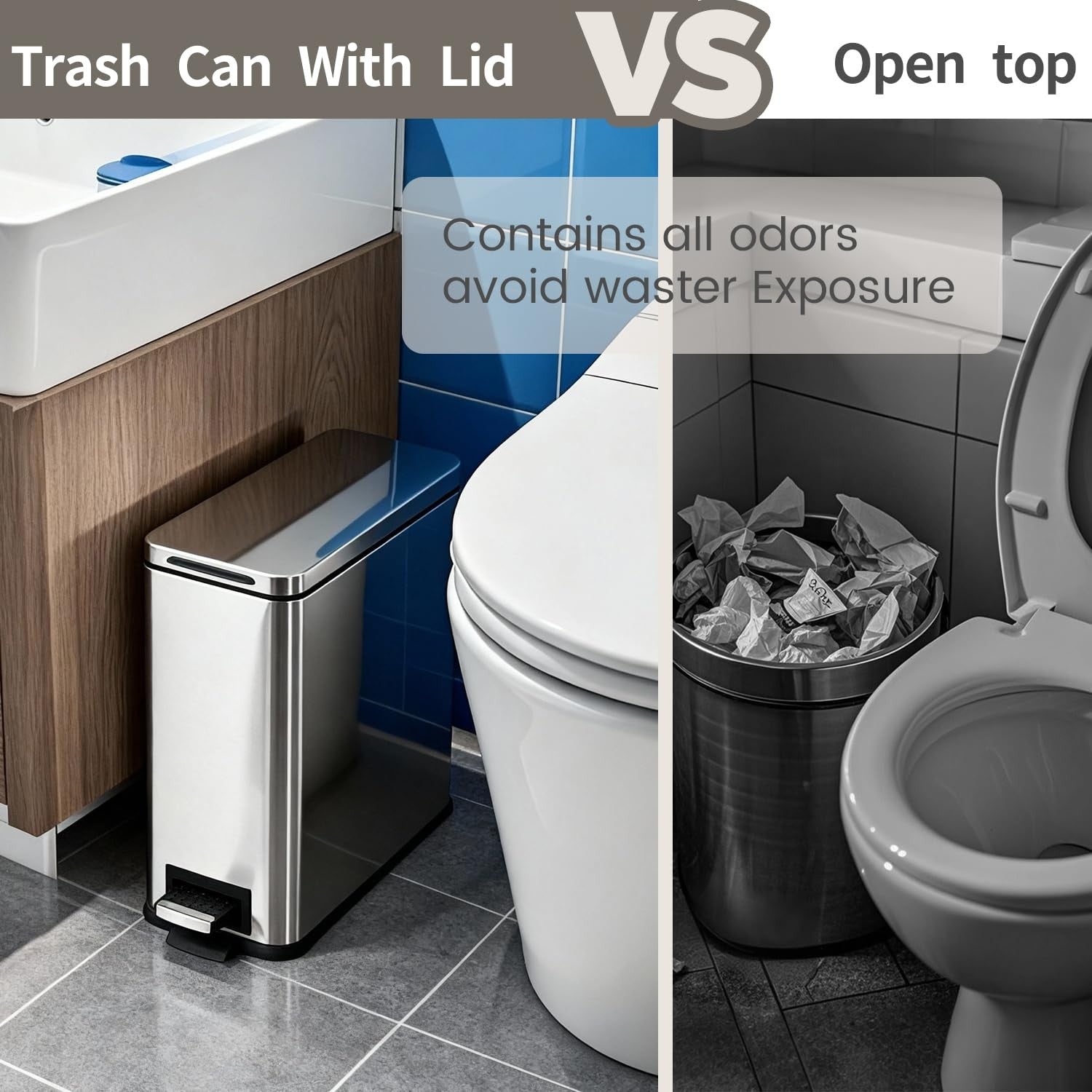 10L Slim Stainless Steel Pedal Bin Soft Close Bathroom Silver