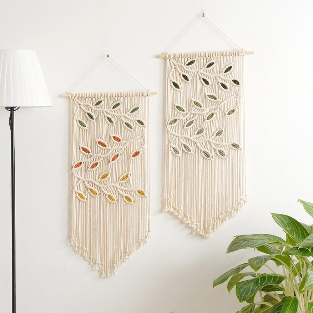 Green Leaf Macrame Wall Hanging 40x80cm Boho Woven Tapestry