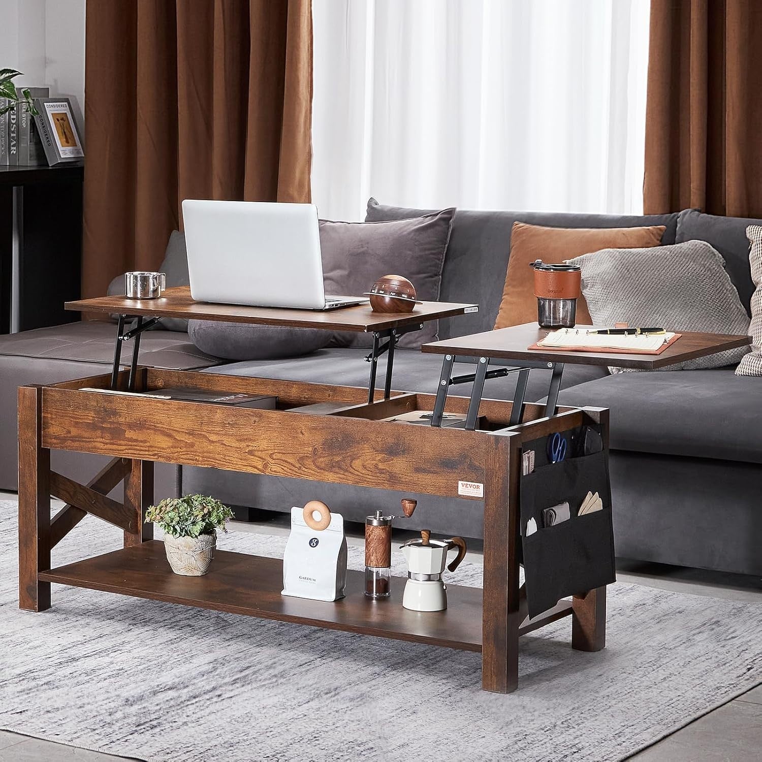 Lift Top Coffee Table with Storage, Pop-Up Wood Table 120cm for Living Room