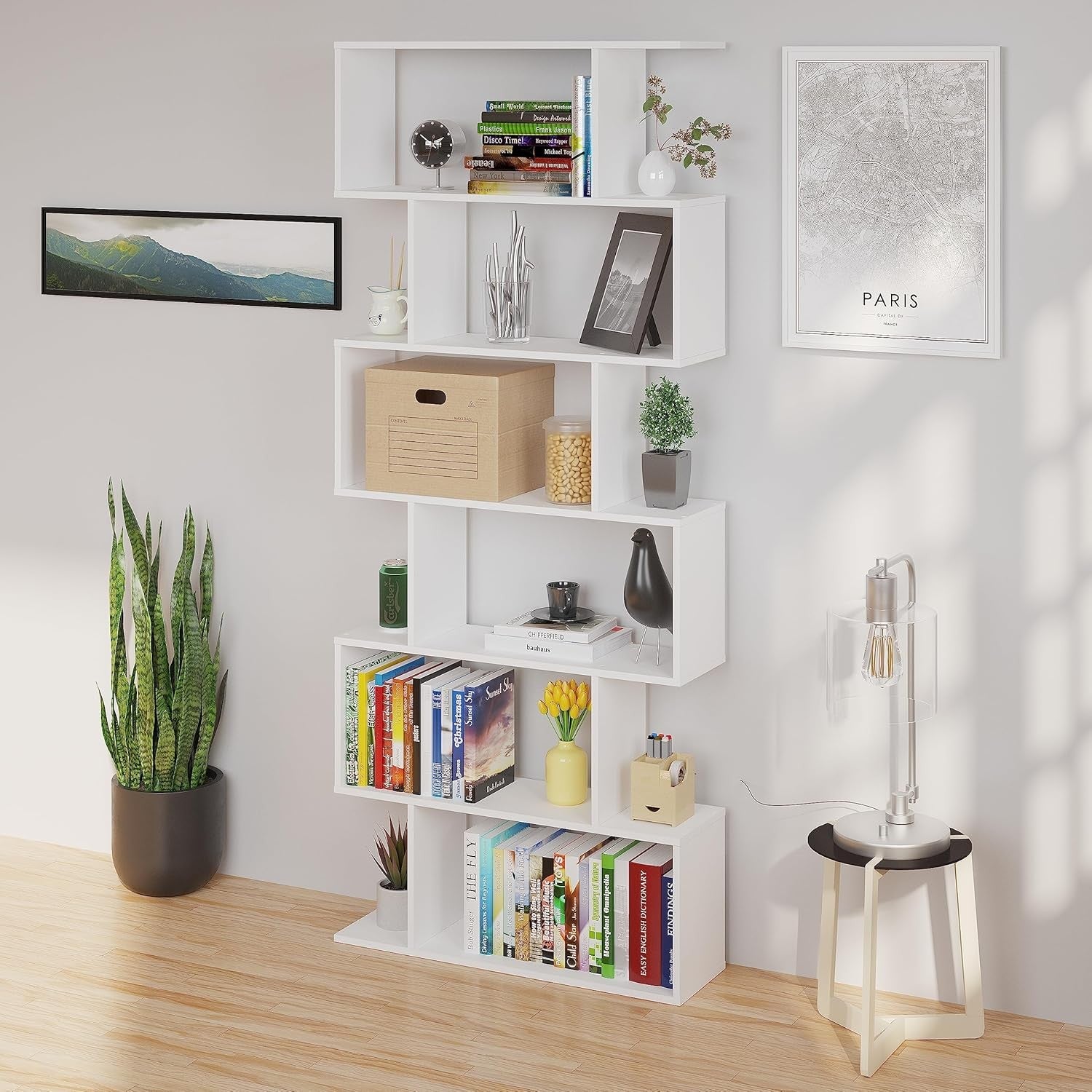 White S Shape 6 Tier Bookcase Modern Display Shelf Free Standing Storage Unit