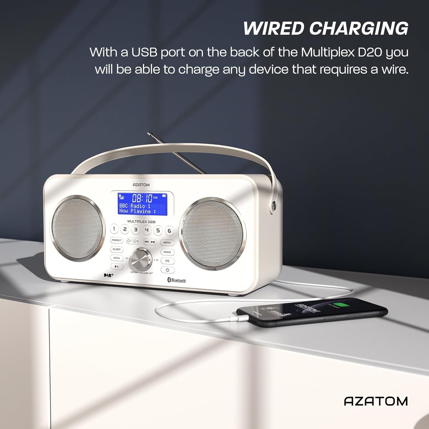 White DAB DAB+ FM Bluetooth Portable Radio Remote Dual Alarm Rechargeable