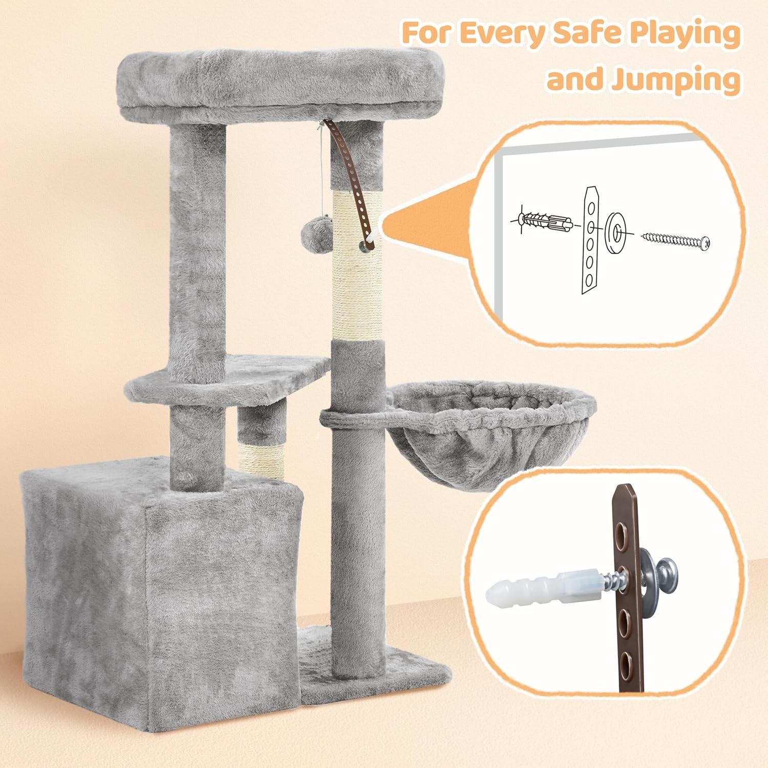 Small Cat Tree 87cm Multi Level Scratching Tower with Condo Light Grey