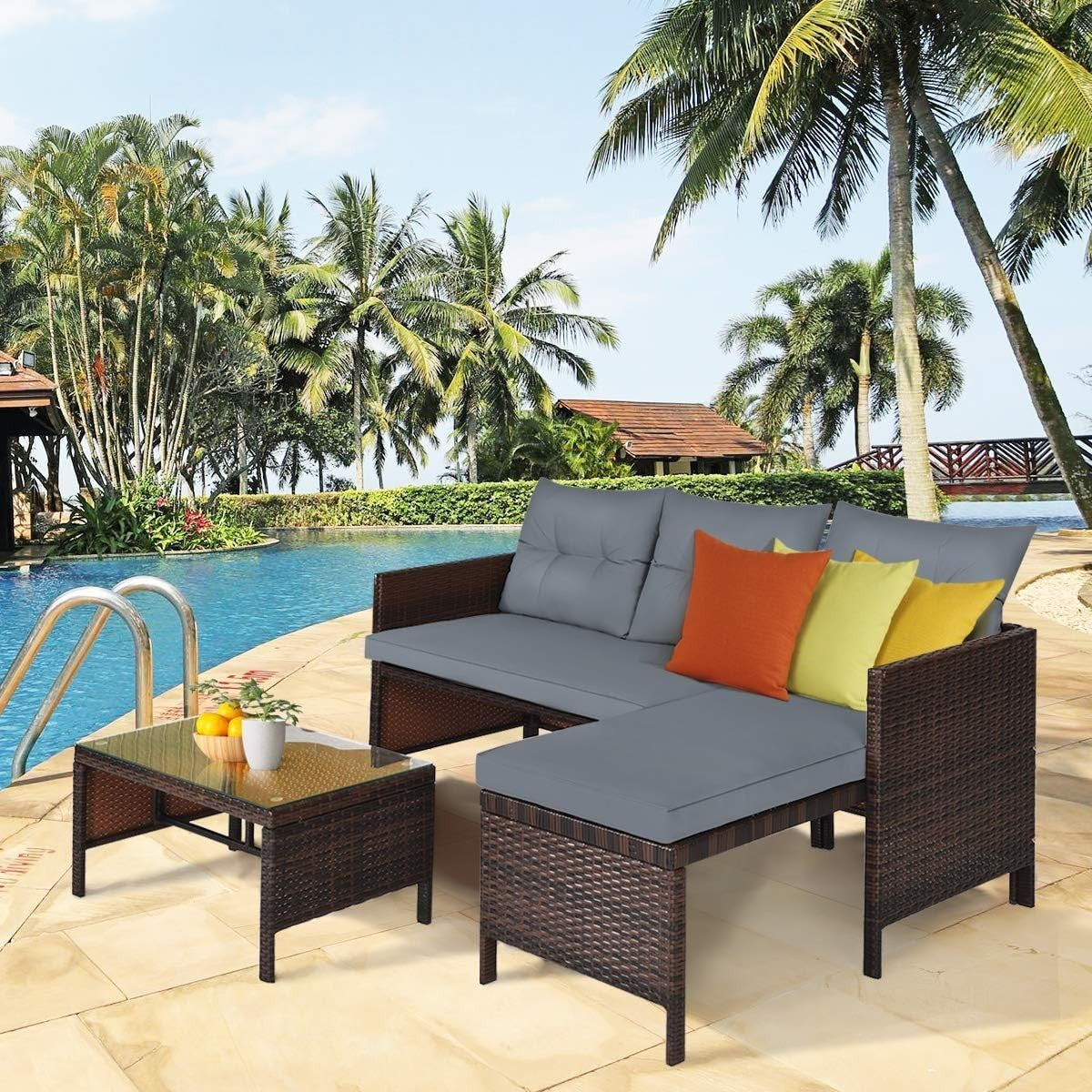 3PC Grey Rattan Garden Corner Sofa Set L-Shape Patio Lounge Glass Table