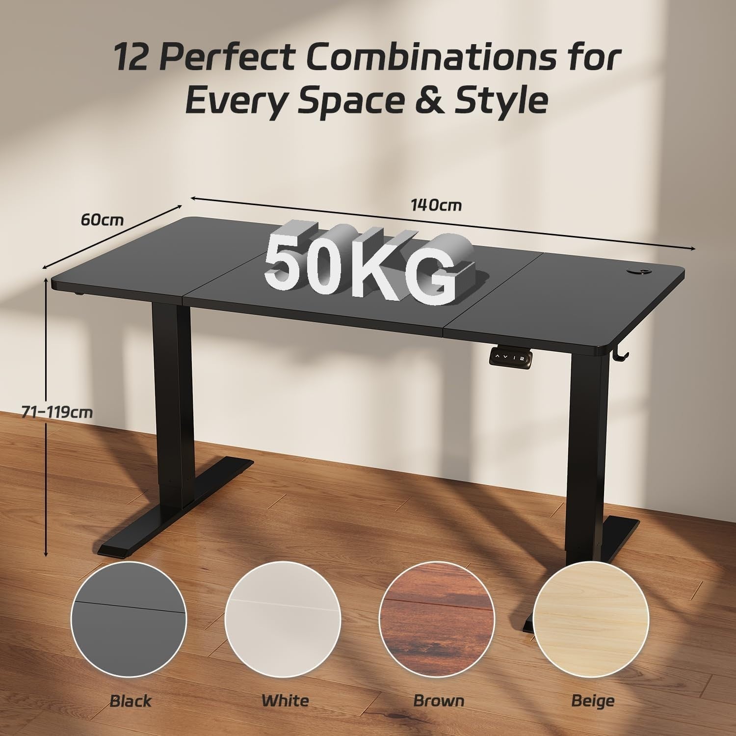 Electric Standing Desk 140x60cm Adjustable Sit Stand Table with Memory, Black