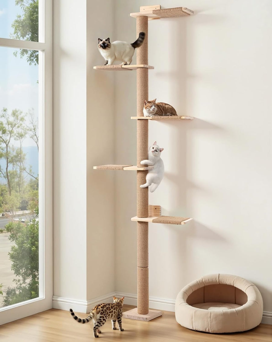 Floor to Ceiling Cat Tree 213cm Wall Mounted Scratching Post Shelves Tower