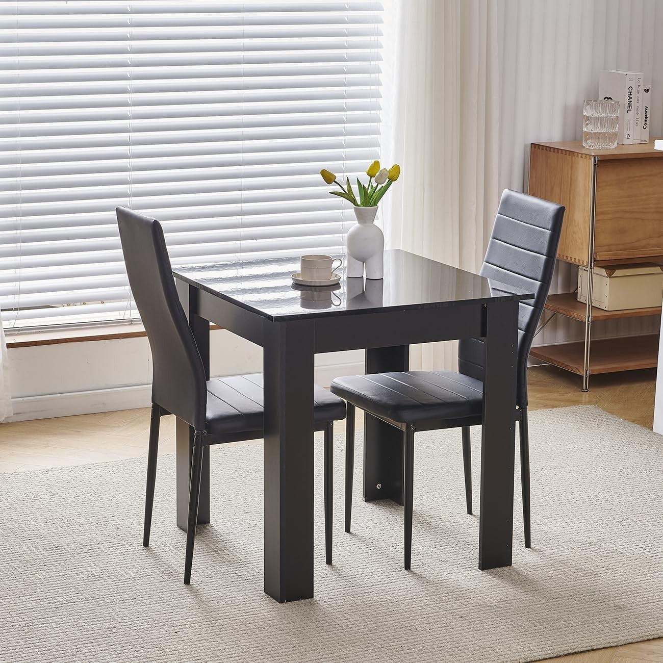 Space-Saving Black PU Chairs Square Wooden Table 3pc Compact Dining Set