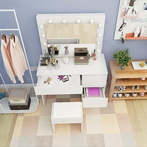 Hollywood Vanity Dressing Table with LED Bulb Mirror & Stool, 5 Drawers