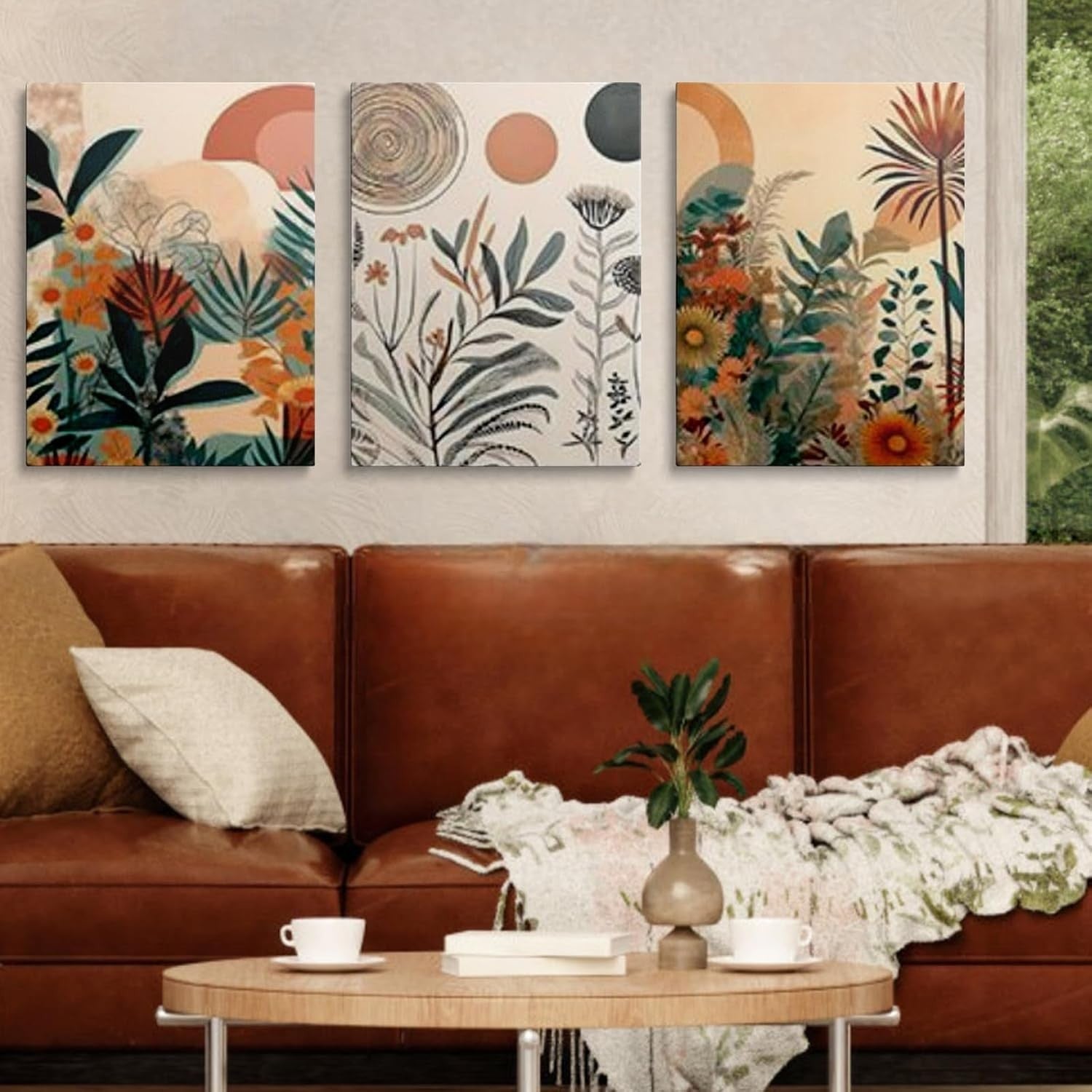 Boho Canvas Wall Art Set of 3 Framed Botanical Prints 40x30cm