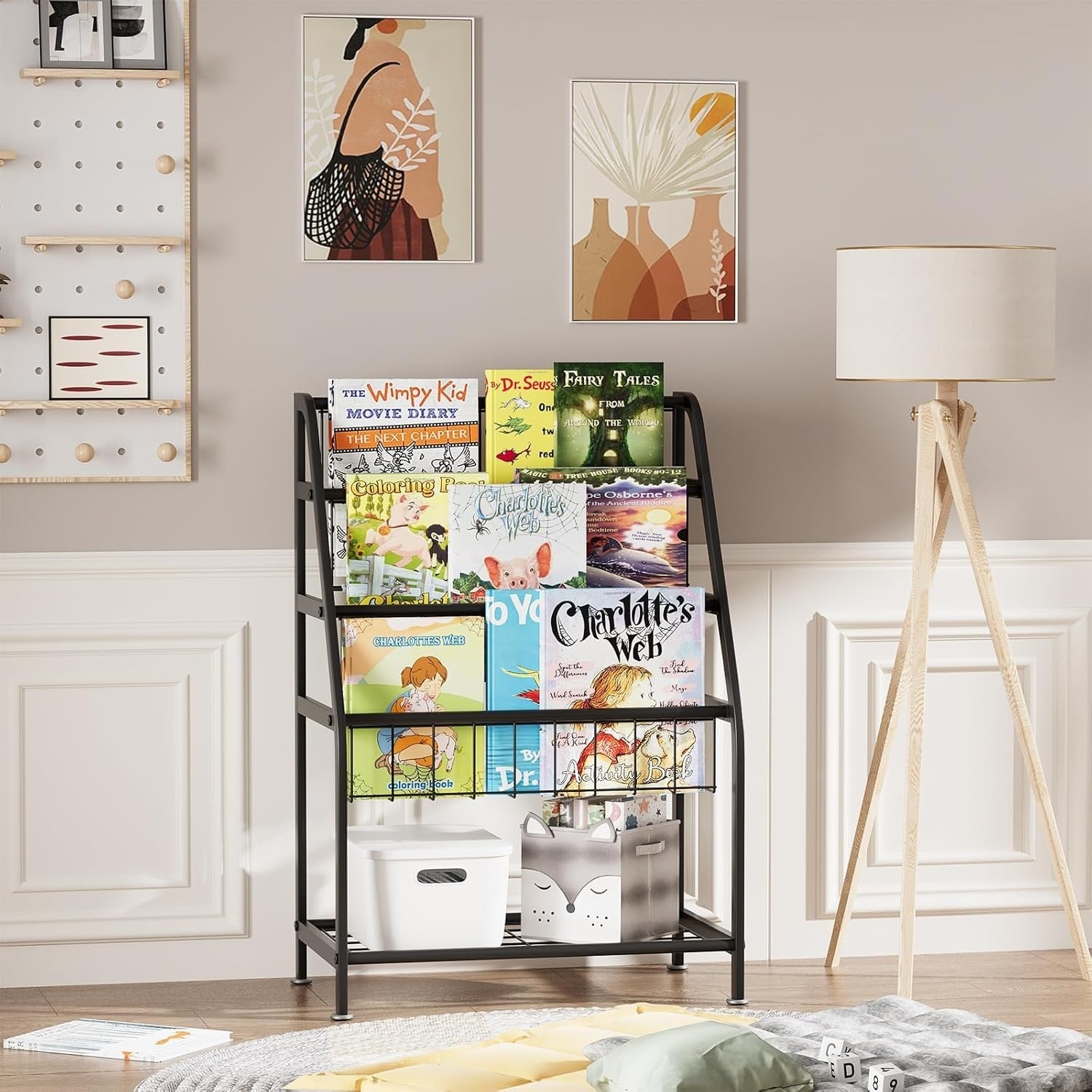Kids Bookcase & Toy Organizer Shelf – Durable Metal, Space-Saving Leaning Rack