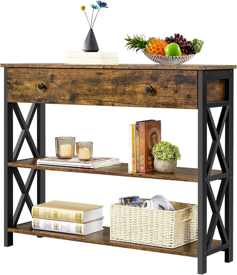 Industrial Console Table with Drawer & 2 Shelves, 100x29.5x81cm, Rustic Brown