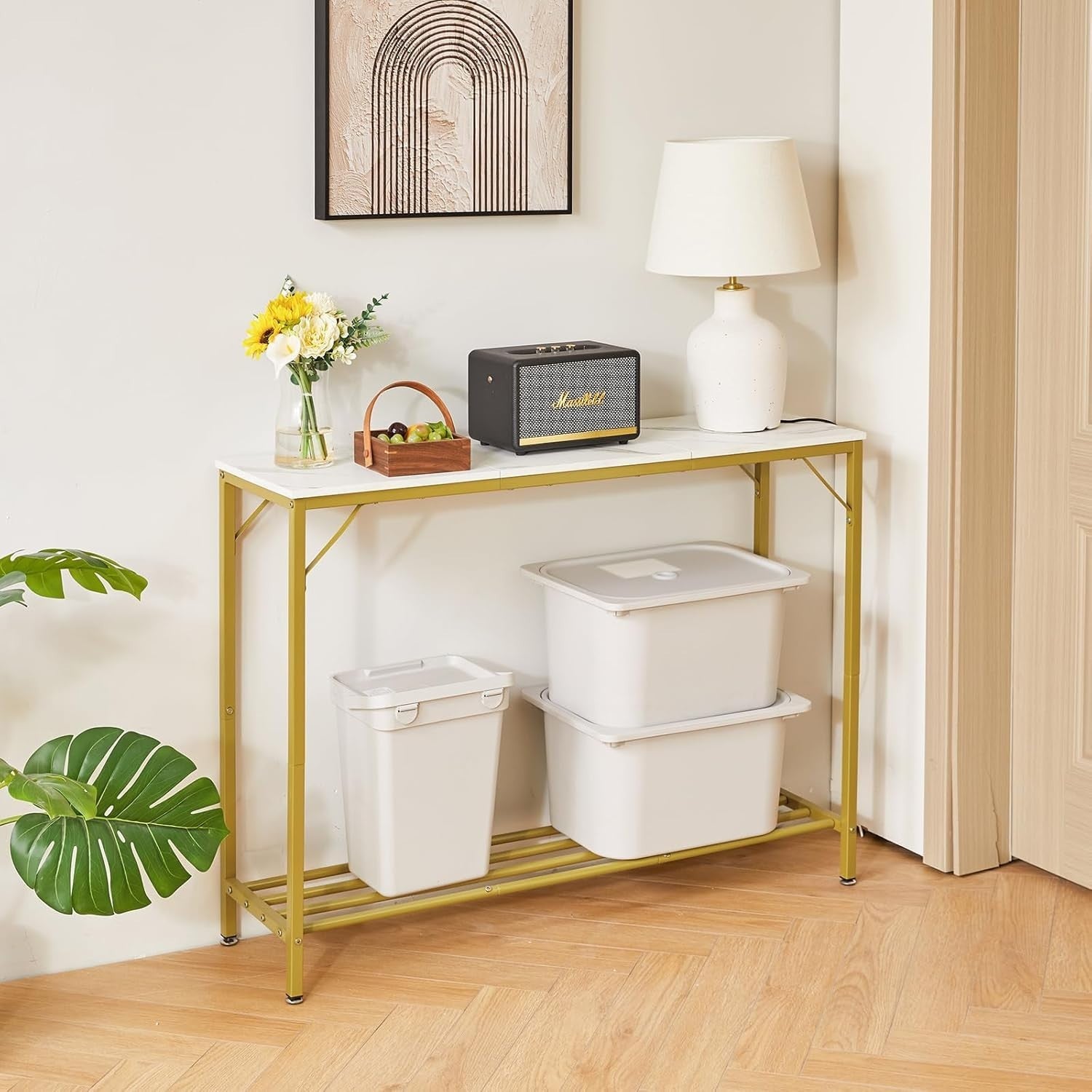 Slim Metal Frame Console Table 107cm Compact Hallway Sofa Table