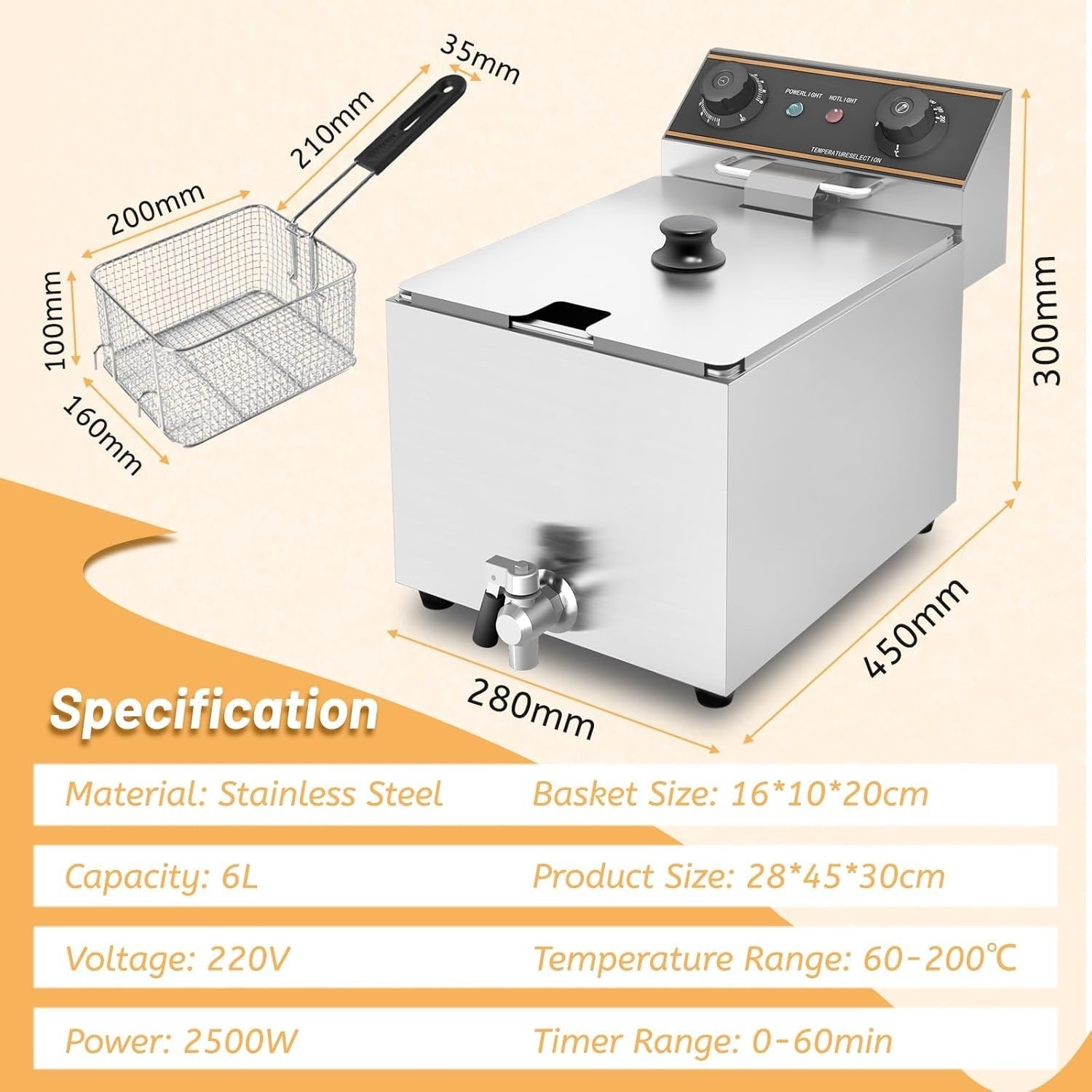 Commercial Electric Deep Fryer 6L 2500W Stainless Steel Drain Tap Countertop